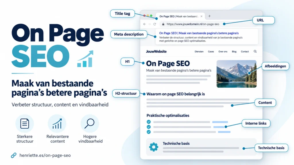 On-page SEO optimalisatie van title tag, meta description, H1, H2, content en interne links